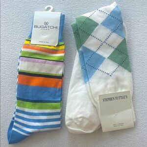 Bundle Men's Italian Mid Calf Dress Socks 1 Striped Bugatchi 1 Argyle Large NWT